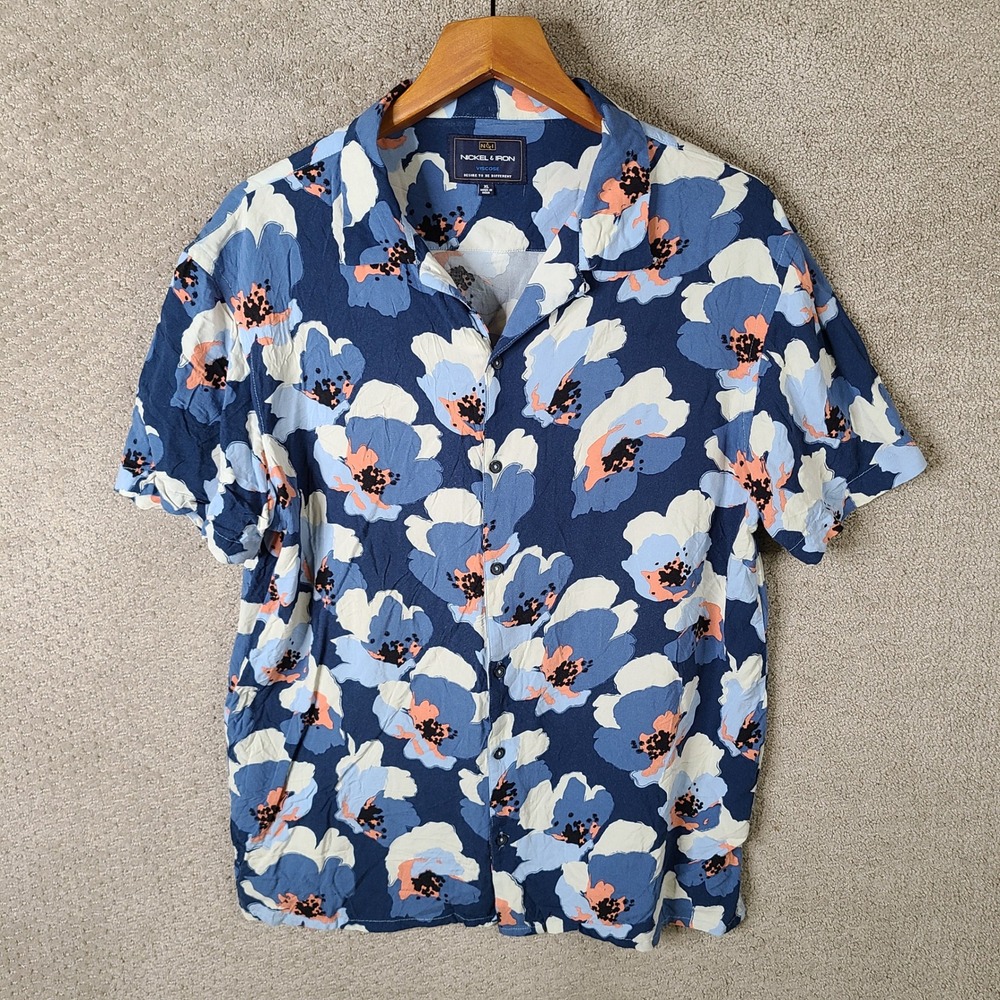 Nickel & Iron Shirt‎ Mens XL Blue Floral Short Sleeve Button Up Viscose Casual